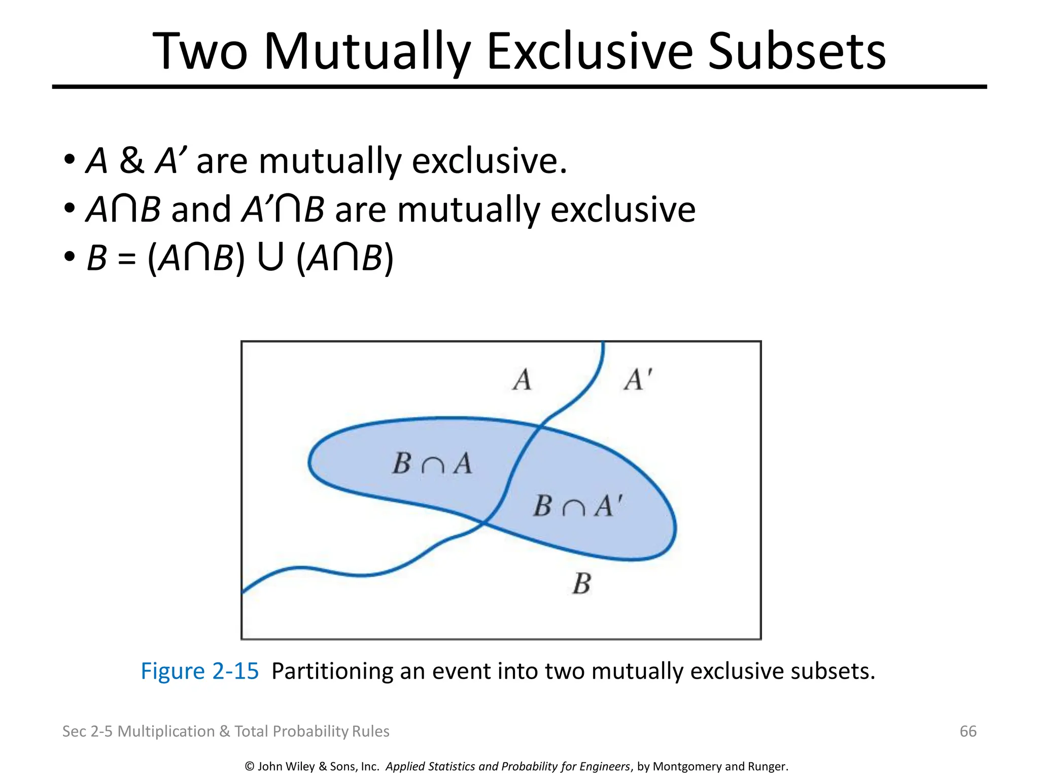 © John Wiley & Sons, Inc. Applied Statistics and Probability for Engineers, by Montgomery and Runger.
Two Mutually Exclusive Subsets
Sec 2-5 Multiplication & Total Probability Rules 66
Figure 2-15 Partitioning an event into two mutually exclusive subsets.
• A & A’ are mutually exclusive.
• A B and A’ B are mutually exclusive
• B = (A B) (A B)
 