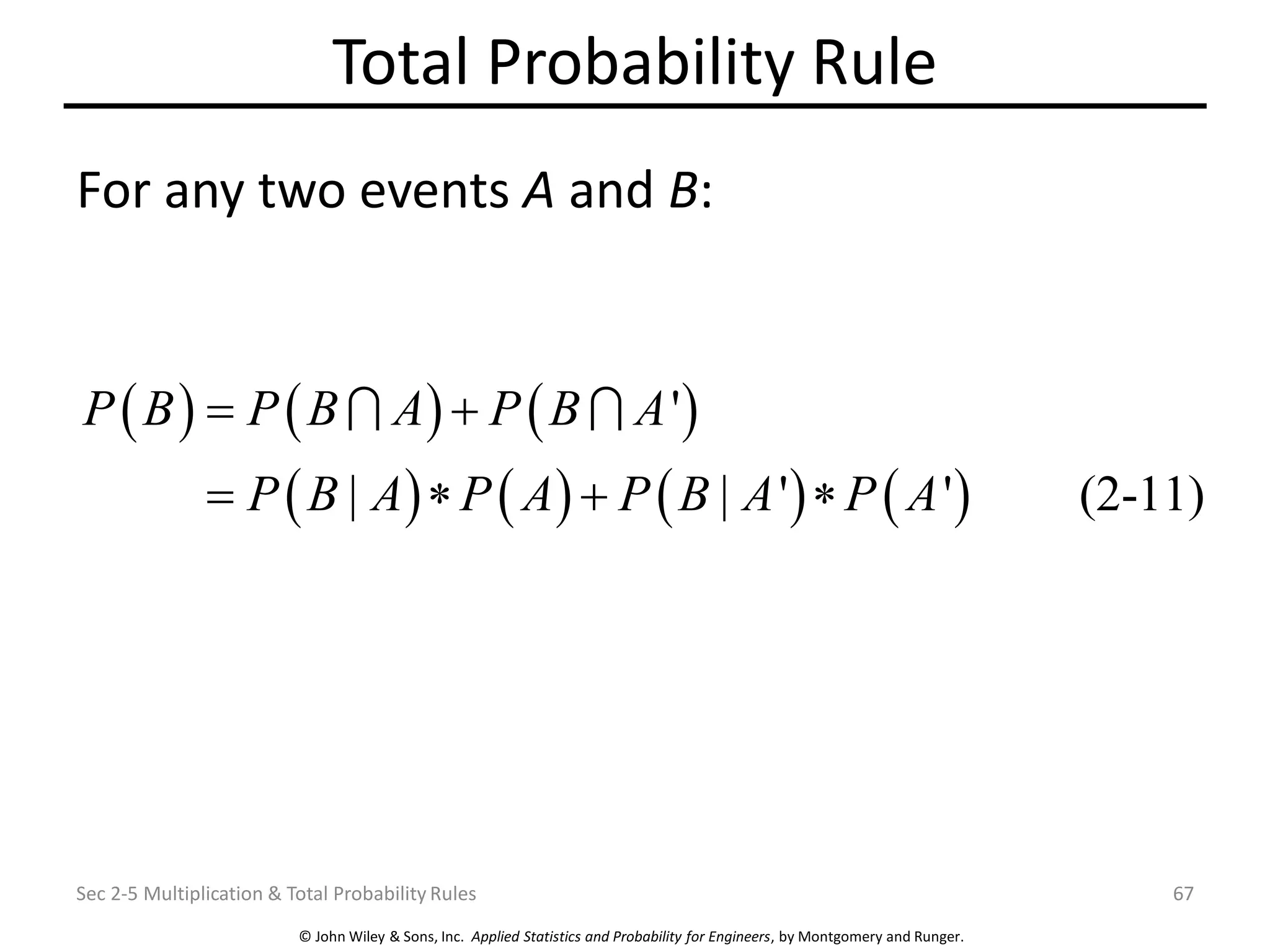 © John Wiley & Sons, Inc. Applied Statistics and Probability for Engineers, by Montgomery and Runger.
Total Probability Rule
For any two events A and B:
Sec 2-5 Multiplication & Total Probability Rules 67
( ) ( ) ( )
( ) ( ) ( ) ( )
'
| | ' ' (2-11)
P B P B A P B A
P B A P A P B A P A
= +
=  + 
 