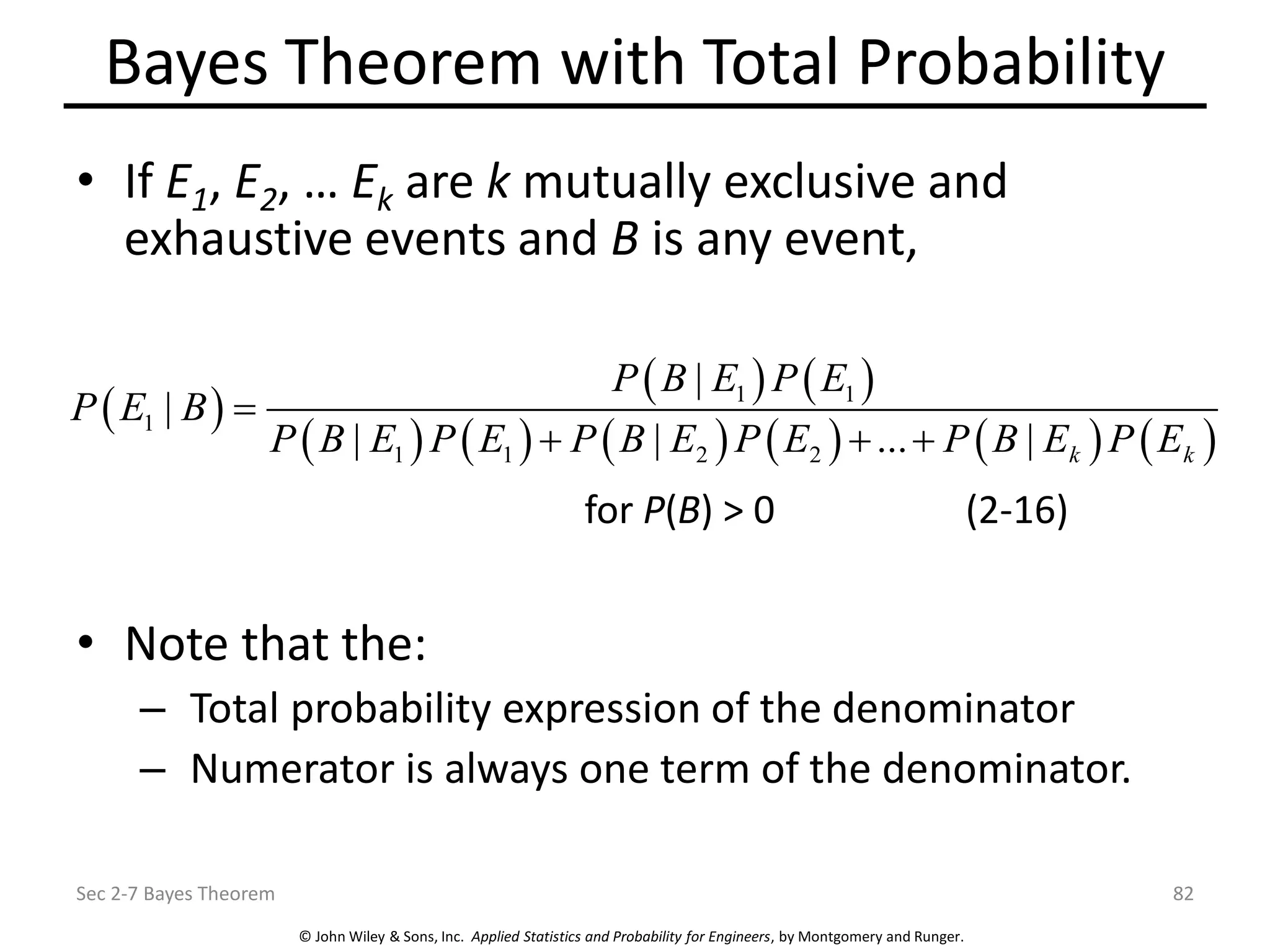 © John Wiley & Sons, Inc. Applied Statistics and Probability for Engineers, by Montgomery and Runger.
Bayes Theorem with Total Probability
• If E1, E2, … Ek are k mutually exclusive and
exhaustive events and B is any event,
for P(B) > 0 (2-16)
• Note that the:
– Total probability expression of the denominator
– Numerator is always one term of the denominator.
Sec 2-7 Bayes Theorem 82
( )
( ) ( )
( ) ( ) ( ) ( ) ( ) ( )
1 1
1
1 1 2 2
|
|
| | ... | k k
P B E P E
P E B
P B E P E P B E P E P B E P E
=
+ + +
 