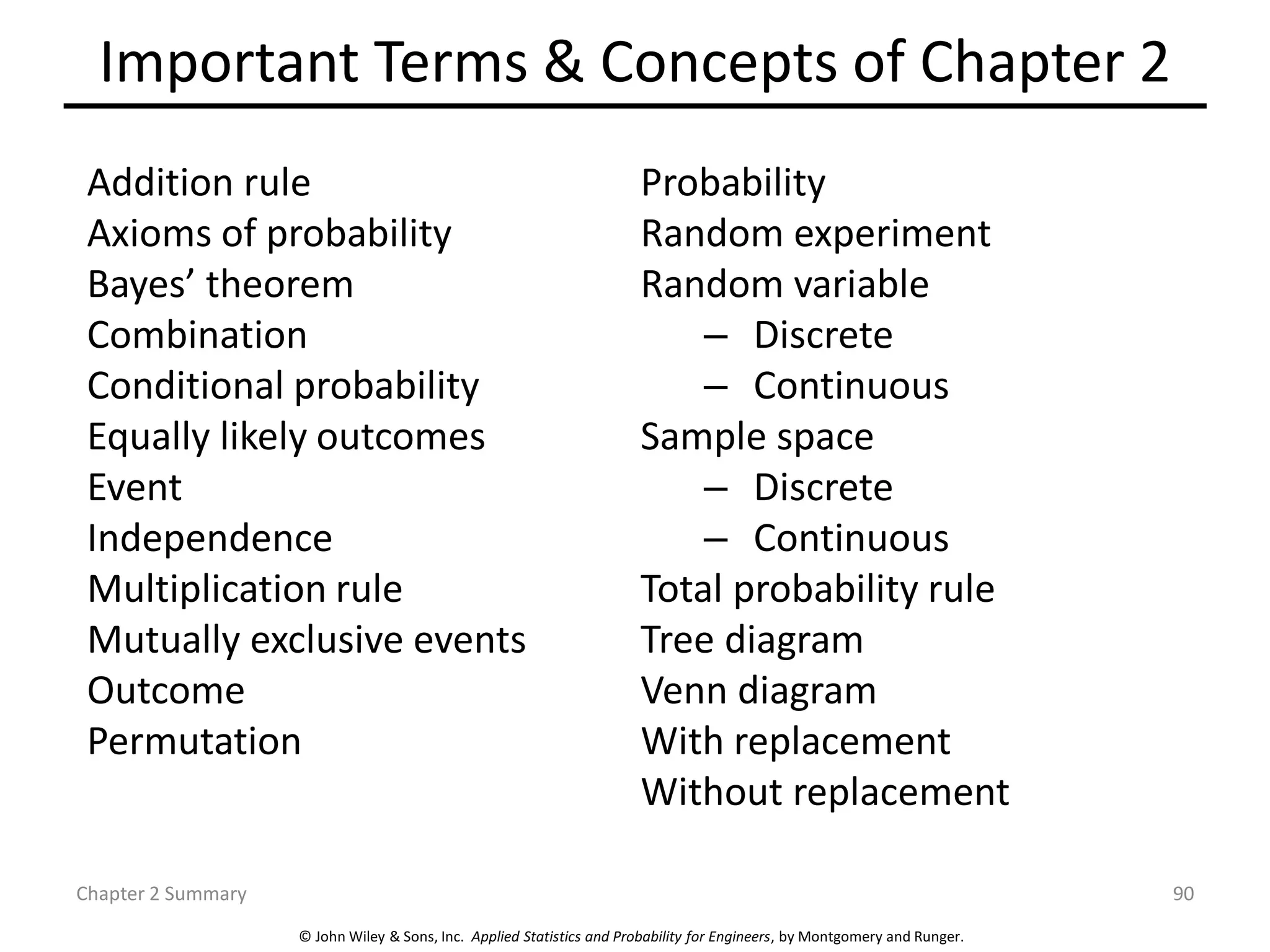 © John Wiley & Sons, Inc. Applied Statistics and Probability for Engineers, by Montgomery and Runger.
Important Terms & Concepts of Chapter 2
Addition rule
Axioms of probability
Bayes’ theorem
Combination
Conditional probability
Equally likely outcomes
Event
Independence
Multiplication rule
Mutually exclusive events
Outcome
Permutation
Probability
Random experiment
Random variable
– Discrete
– Continuous
Sample space
– Discrete
– Continuous
Total probability rule
Tree diagram
Venn diagram
With replacement
Without replacement
Chapter 2 Summary 90
 