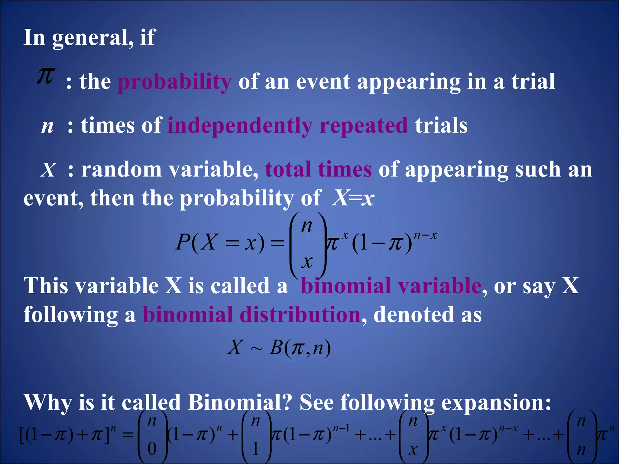 In general, if : the  probability  of an event appearing in a trial  n   : times of  independently repeated  trials X   : random variable,  total times  of appearing such an event, then the probability of  X = x This variable X is called a  binomial variable , or say X following a  binomial distribution , denoted as  Why is it called Binomial? See following expansion:  