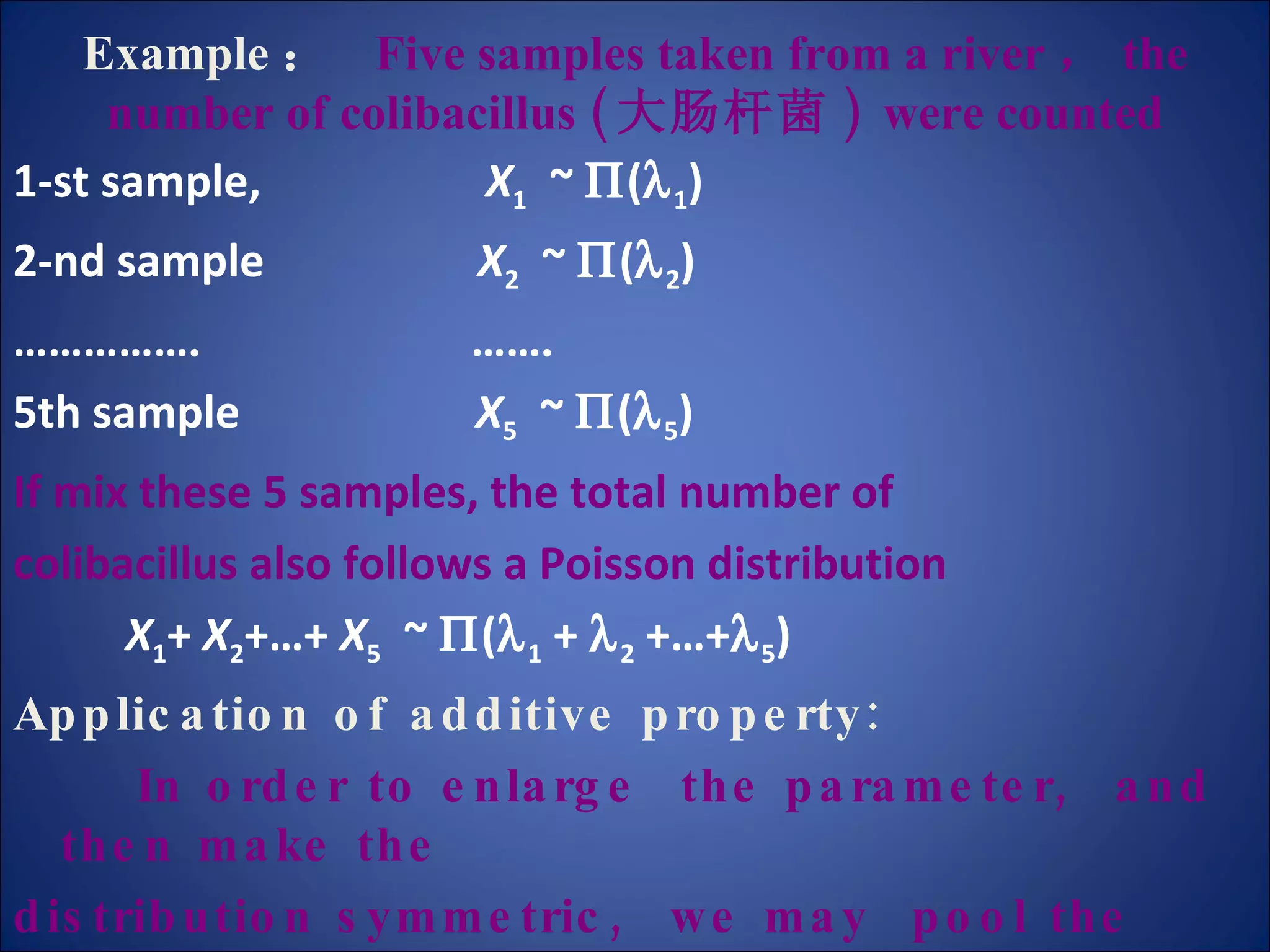 Example ：   Five samples taken from a river ， the number of colibacillus ( 大肠杆菌 )  were counted 1-st sample,  X 1   ~   (  1 ) 2-nd sample  X 2   ~   (  2 ) …………… .  …… . 5th sample  X 5   ~   (  5 ) If mix these 5 samples, the total number of  colibacillus also follows a Poisson distribution X 1 +  X 2 +…+  X 5   ~   (  1  +   2  +…+  5 ) Application of additive property:   In order to enlarge  the parameter,  and then make the  distribution symmetric,  we may  pool the small units such that enlarge the observed unit. 