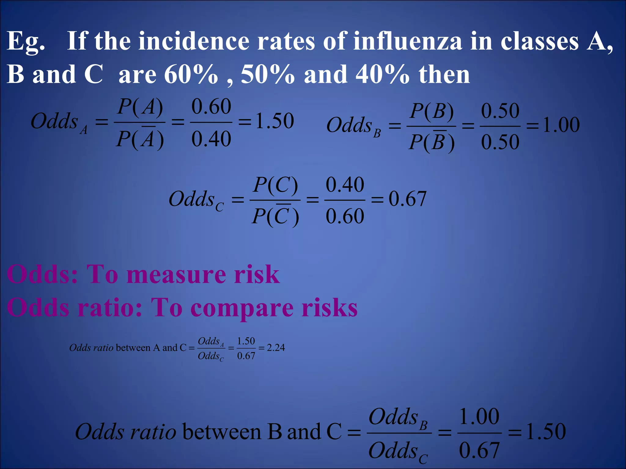 Eg.  If the incidence rates of influenza in classes A, B and C  are 60% , 50% and 40% then   Odds: To measure risk Odds ratio: To compare risks 