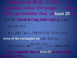 Example  The infectious rate of hookworm( 钩虫 ) is  13% ， if randomly select  150  people ， what is the probability that  at  least  20   of them being infected ？ The probability that at  least   20  of them being infected is 50% 。   Area of the rectangles on   
