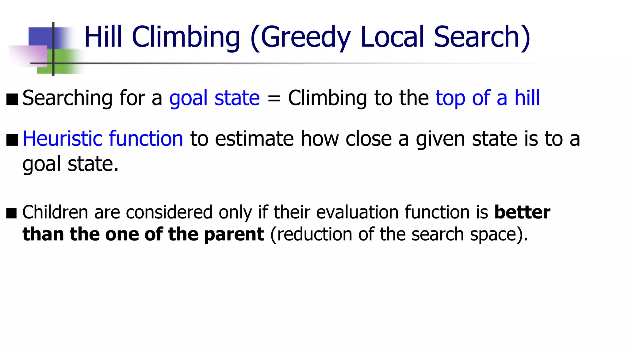 Hill Climbing (Greedy Local Search)
■Searching for a goal state = Climbing to the top of a hill
■Heuristic function to estimate how close a given state is to a
goal state.
■ Children are considered only if their evaluation function is better
than the one of the parent (reduction of the search space).
 