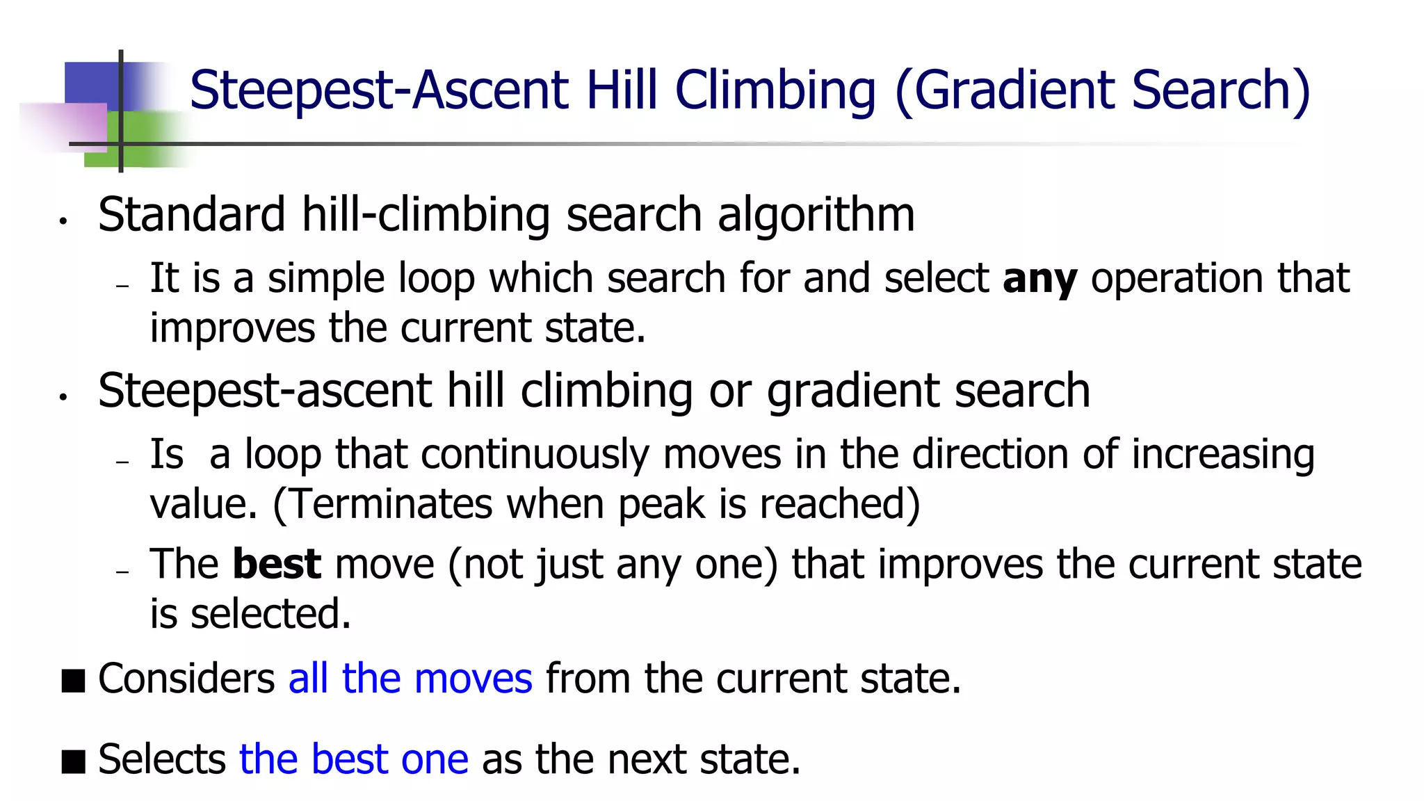 Steepest-Ascent Hill Climbing (Gradient Search)
• Standard hill-climbing search algorithm
– It is a simple loop which search for and select any operation that
improves the current state.
• Steepest-ascent hill climbing or gradient search
– Is a loop that continuously moves in the direction of increasing
value. (Terminates when peak is reached)
– The best move (not just any one) that improves the current state
is selected.
■ Considers all the moves from the current state.
■ Selects the best one as the next state.
 