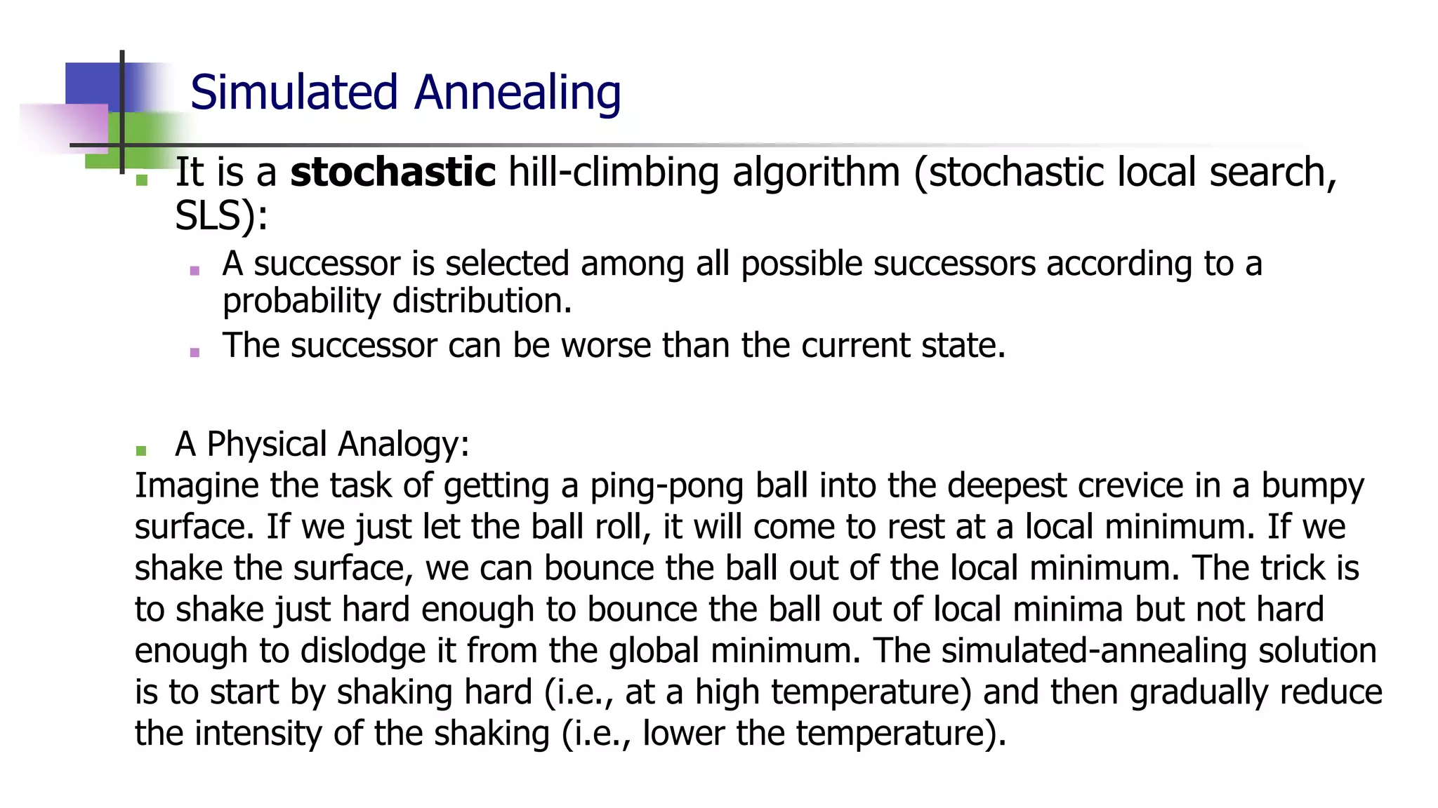 Simulated Annealing
■ It is a stochastic hill-climbing algorithm (stochastic local search,
SLS):
■ A successor is selected among all possible successors according to a
probability distribution.
■ The successor can be worse than the current state.
■ A Physical Analogy:
Imagine the task of getting a ping-pong ball into the deepest crevice in a bumpy
surface. If we just let the ball roll, it will come to rest at a local minimum. If we
shake the surface, we can bounce the ball out of the local minimum. The trick is
to shake just hard enough to bounce the ball out of local minima but not hard
enough to dislodge it from the global minimum. The simulated-annealing solution
is to start by shaking hard (i.e., at a high temperature) and then gradually reduce
the intensity of the shaking (i.e., lower the temperature).
 