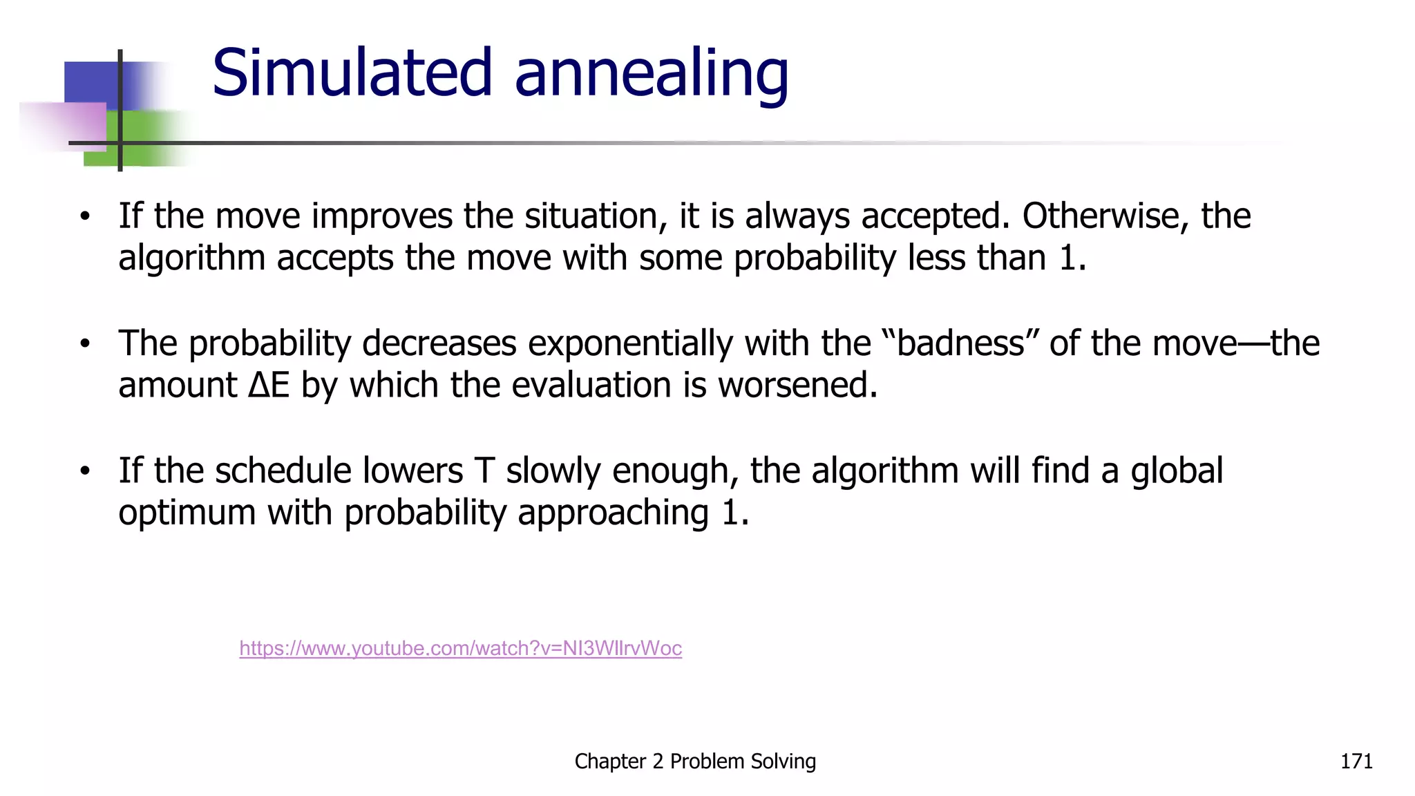 • If the move improves the situation, it is always accepted. Otherwise, the
algorithm accepts the move with some probability less than 1.
• The probability decreases exponentially with the “badness” of the move—the
amount ΔE by which the evaluation is worsened.
• If the schedule lowers T slowly enough, the algorithm will find a global
optimum with probability approaching 1.
Simulated annealing
Chapter 2 Problem Solving 171
https://www.youtube.com/watch?v=NI3WllrvWoc
 