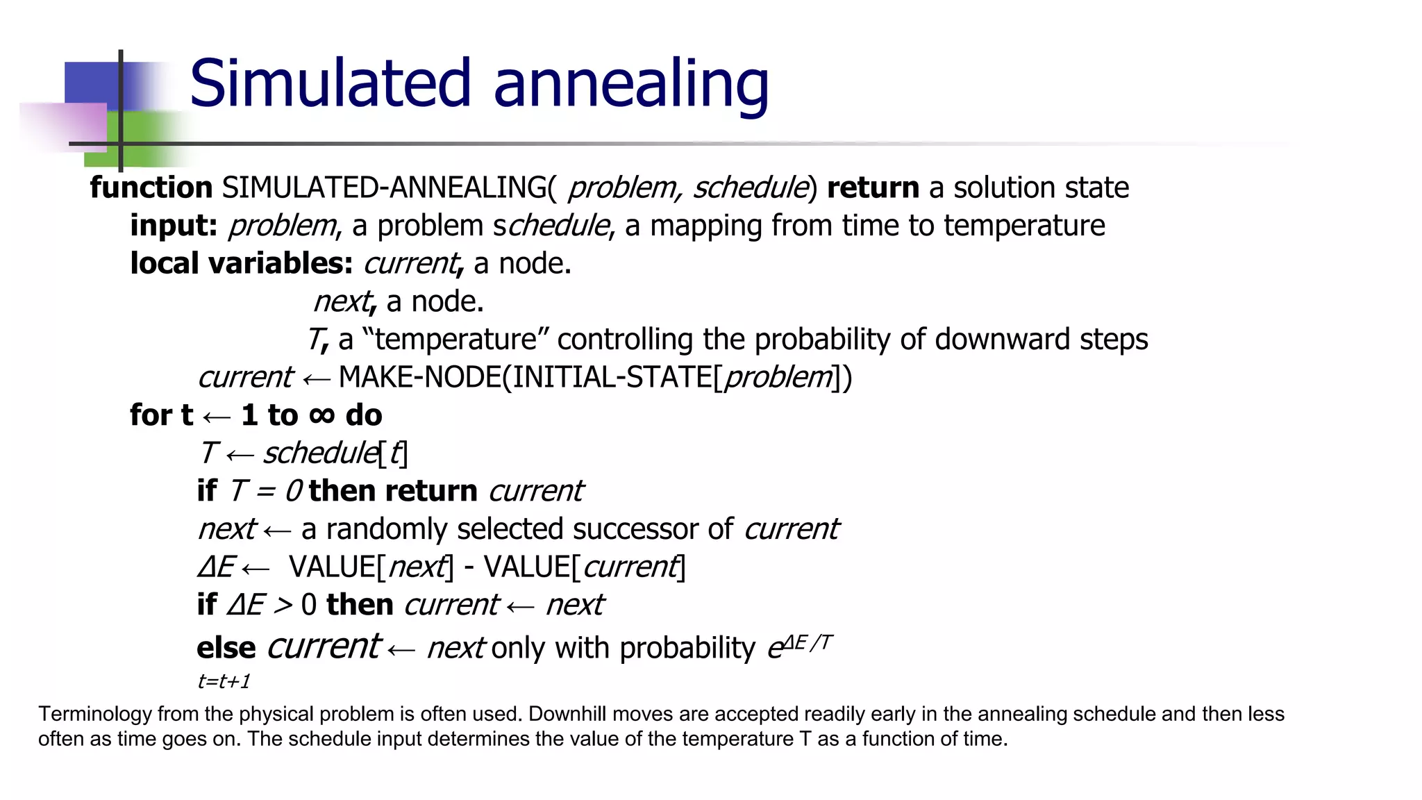 Simulated annealing
function SIMULATED-ANNEALING( problem, schedule) return a solution state
input: problem, a problem schedule, a mapping from time to temperature
local variables: current, a node.
next, a node.
T, a “temperature” controlling the probability of downward steps
current ← MAKE-NODE(INITIAL-STATE[problem])
for t ← 1 to ∞ do
T ← schedule[t]
if T = 0 then return current
next ← a randomly selected successor of current
∆E ← VALUE[next] - VALUE[current]
if ∆E > 0 then current ← next
else current ← next only with probability e∆E /T
t=t+1
Terminology from the physical problem is often used. Downhill moves are accepted readily early in the annealing schedule and then less
often as time goes on. The schedule input determines the value of the temperature T as a function of time.
 