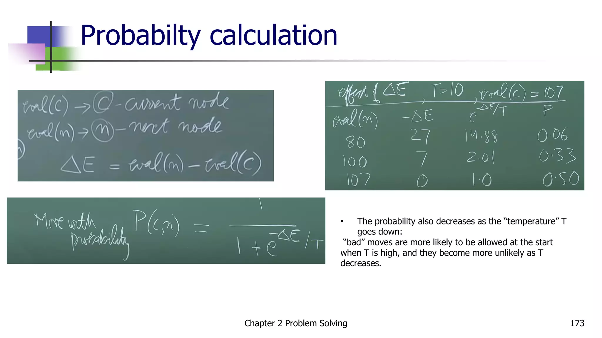 Probabilty calculation
• The probability also decreases as the “temperature” T
goes down:
“bad” moves are more likely to be allowed at the start
when T is high, and they become more unlikely as T
decreases.
Chapter 2 Problem Solving 173
 
