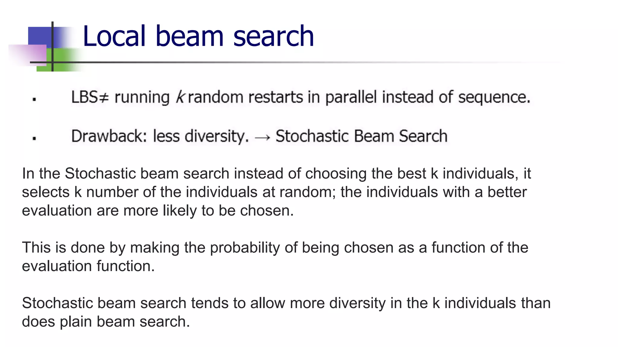 Local beam search
In the Stochastic beam search instead of choosing the best k individuals, it
selects k number of the individuals at random; the individuals with a better
evaluation are more likely to be chosen.
This is done by making the probability of being chosen as a function of the
evaluation function.
Stochastic beam search tends to allow more diversity in the k individuals than
does plain beam search.
 