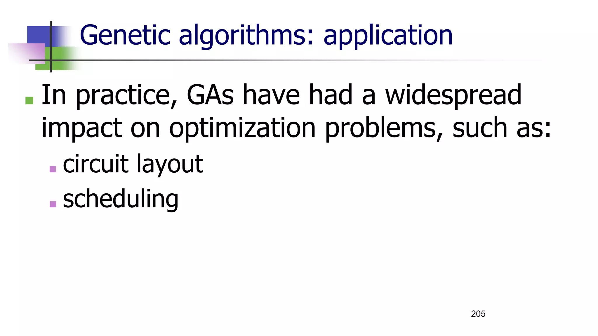 Genetic algorithms: application
■ In practice, GAs have had a widespread
impact on optimization problems, such as:
■ circuit layout
■ scheduling
205
 