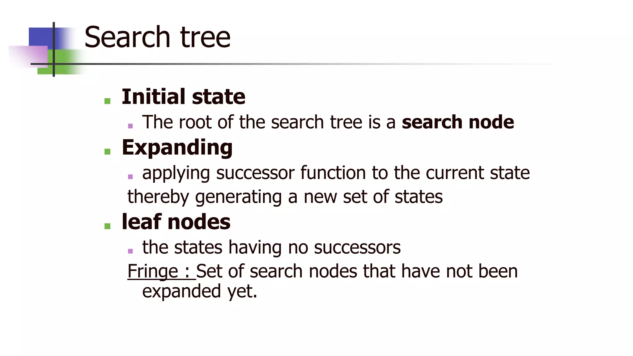 Search tree
■ Initial state
■ The root of the search tree is a search node
■ Expanding
■ applying successor function to the current state
thereby generating a new set of states
■ leaf nodes
■ the states having no successors
Fringe : Set of search nodes that have not been
expanded yet.
 