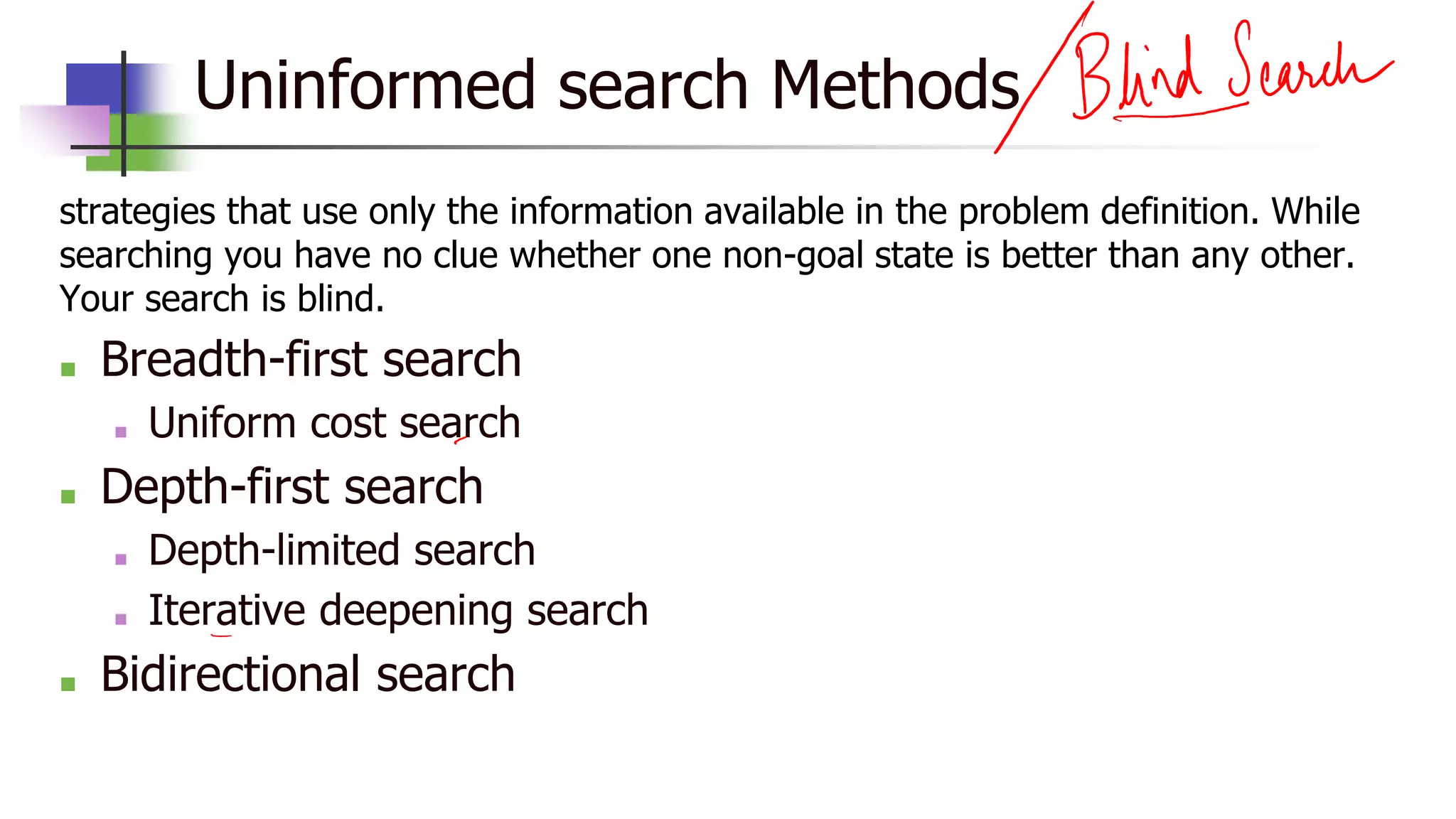 Uninformed search Methods
strategies that use only the information available in the problem definition. While
searching you have no clue whether one non-goal state is better than any other.
Your search is blind.
■ Breadth-first search
■ Uniform cost search
■ Depth-first search
■ Depth-limited search
■ Iterative deepening search
■ Bidirectional search
 
