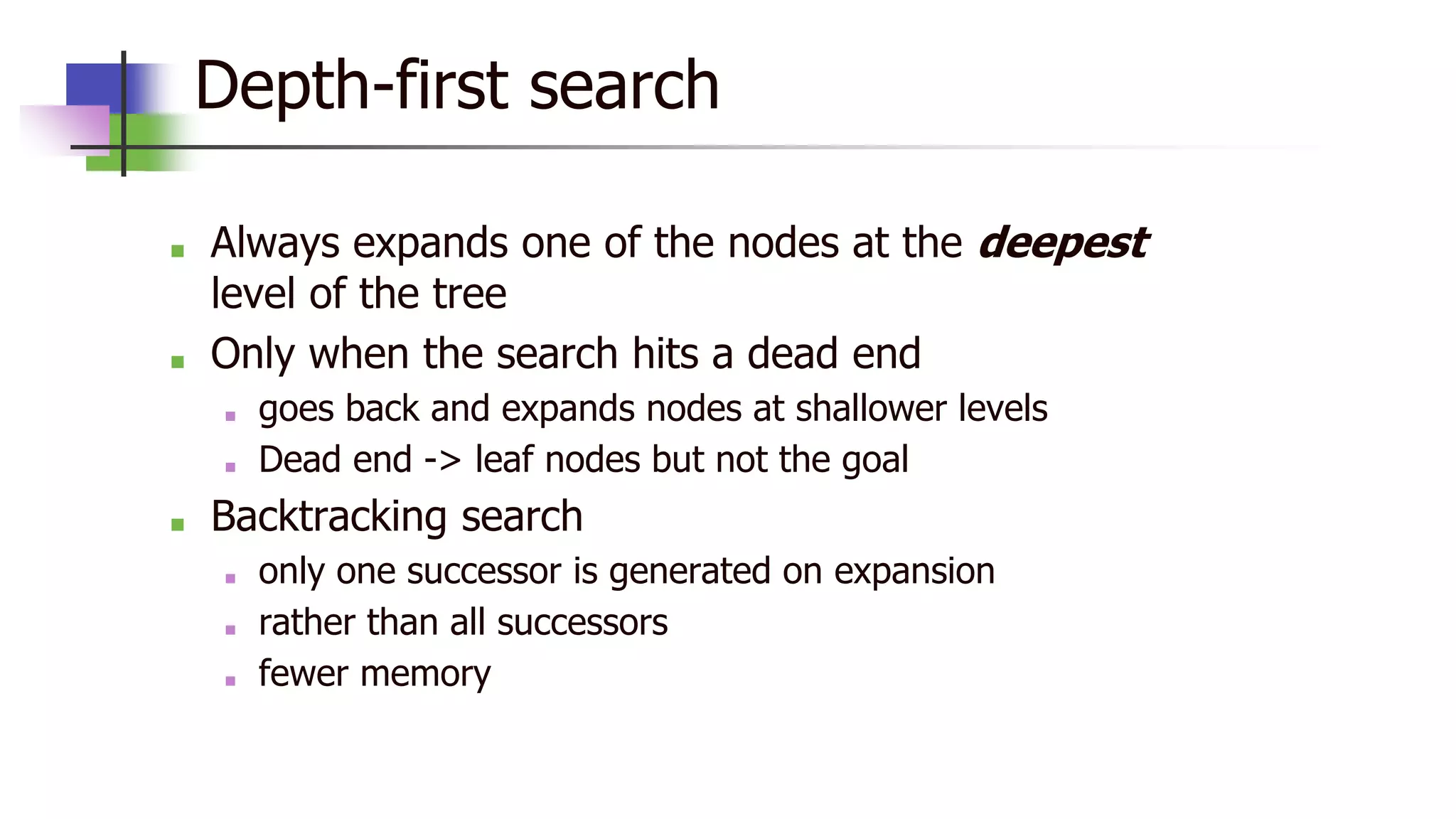 Depth-first search
■ Always expands one of the nodes at the deepest
level of the tree
■ Only when the search hits a dead end
■ goes back and expands nodes at shallower levels
■ Dead end -> leaf nodes but not the goal
■ Backtracking search
■ only one successor is generated on expansion
■ rather than all successors
■ fewer memory
 
