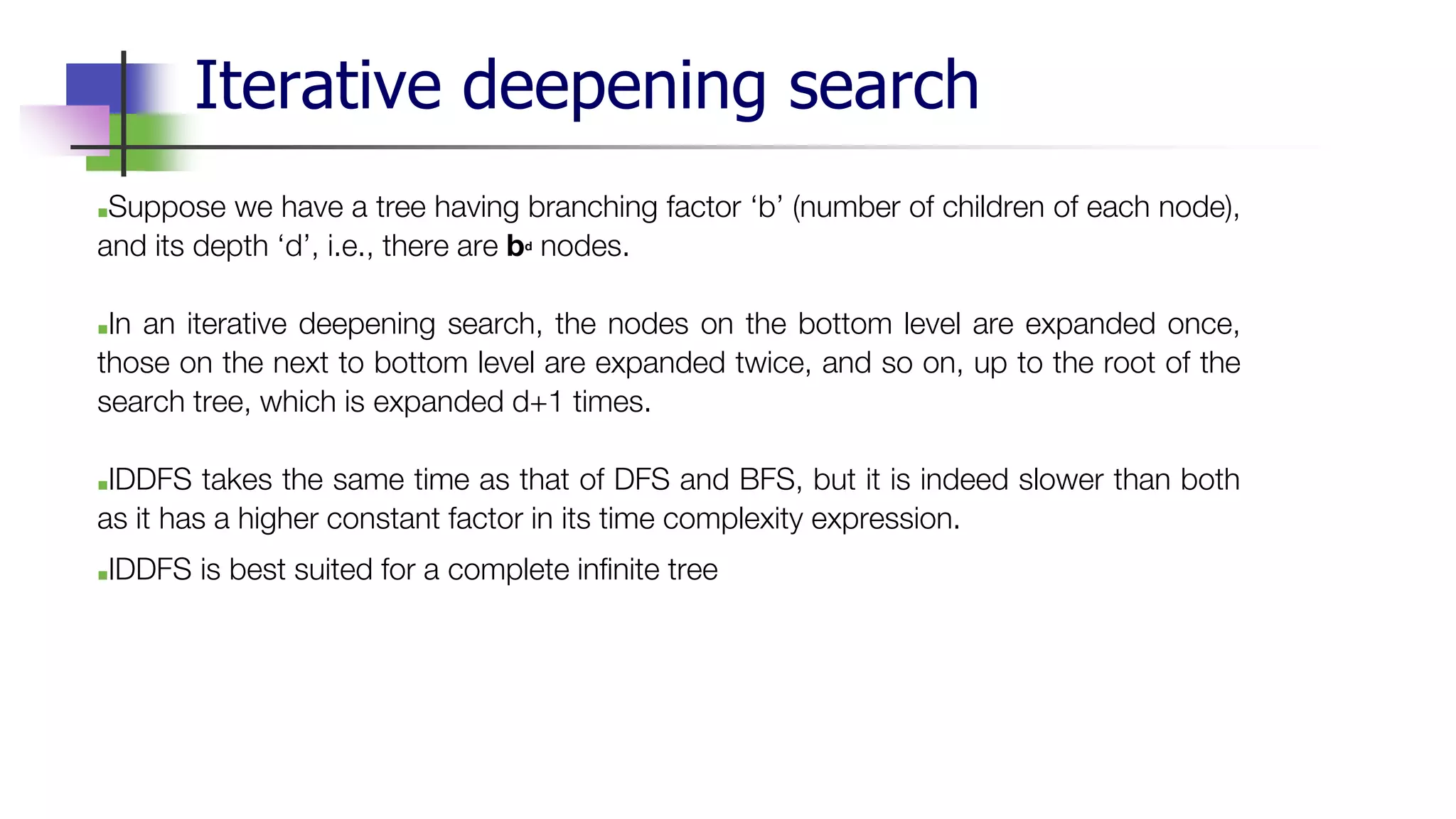 Iterative deepening search
■Suppose we have a tree having branching factor ‘b’ (number of children of each node),
and its depth ‘d’, i.e., there are bd nodes.
■In an iterative deepening search, the nodes on the bottom level are expanded once,
those on the next to bottom level are expanded twice, and so on, up to the root of the
search tree, which is expanded d+1 times.
■IDDFS takes the same time as that of DFS and BFS, but it is indeed slower than both
as it has a higher constant factor in its time complexity expression.
■IDDFS is best suited for a complete infinite tree
 