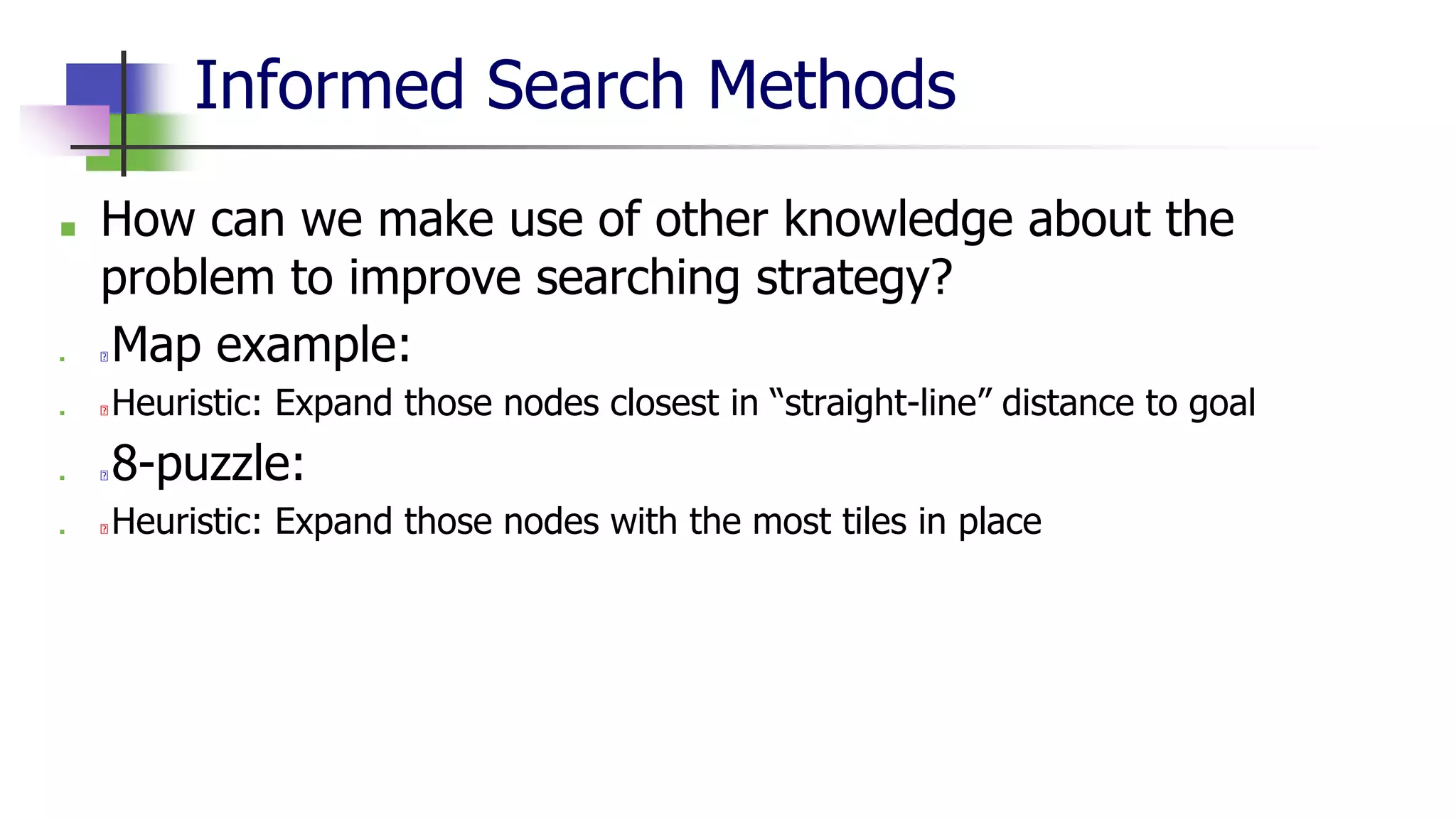 Informed Search Methods
■ How can we make use of other knowledge about the
problem to improve searching strategy?
■ Map example:
■ Heuristic: Expand those nodes closest in “straight-line” distance to goal
■ 8-puzzle:
■ Heuristic: Expand those nodes with the most tiles in place
 