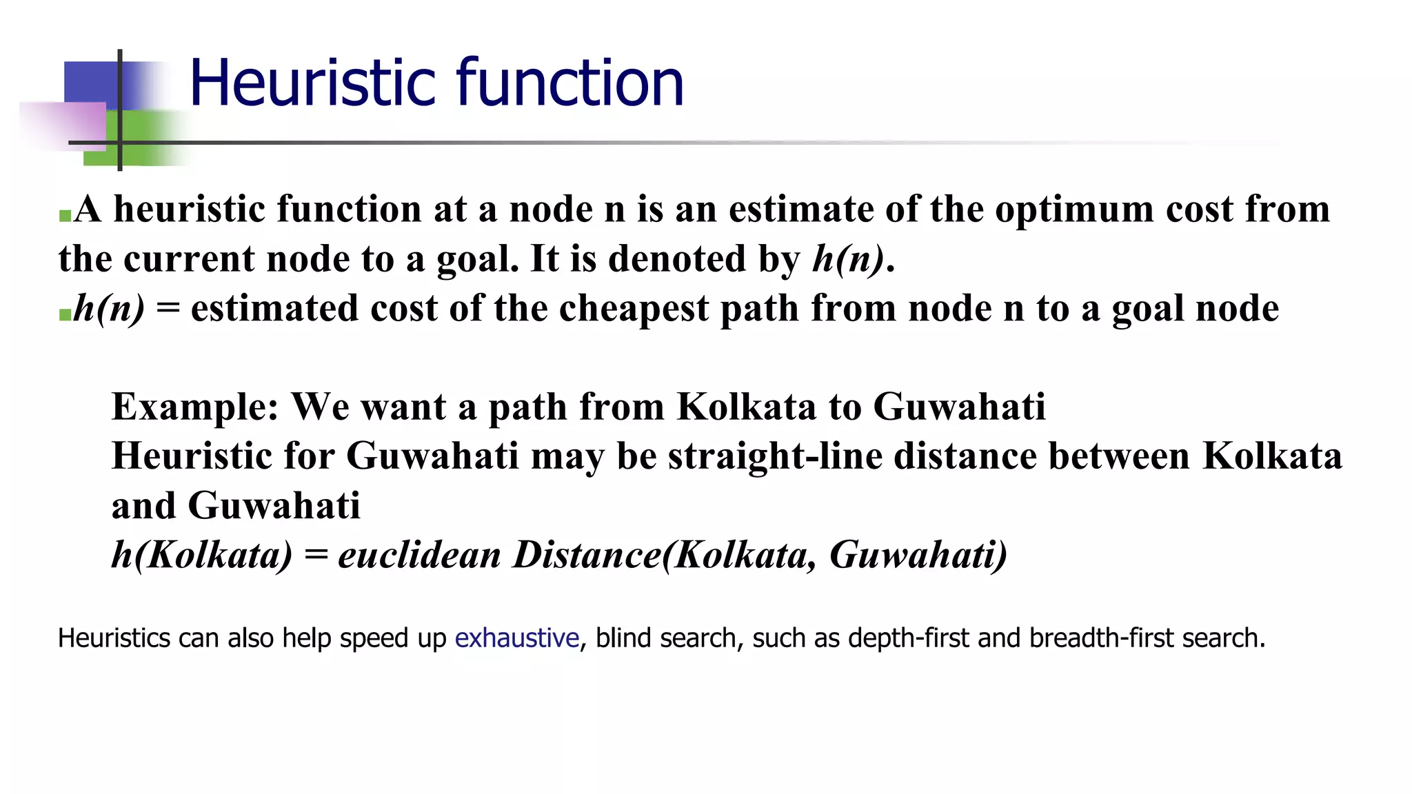 Heuristic function
■A heuristic function at a node n is an estimate of the optimum cost from
the current node to a goal. It is denoted by h(n).
■h(n) = estimated cost of the cheapest path from node n to a goal node
Example: We want a path from Kolkata to Guwahati
Heuristic for Guwahati may be straight-line distance between Kolkata
and Guwahati
h(Kolkata) = euclidean Distance(Kolkata, Guwahati)
Heuristics can also help speed up exhaustive, blind search, such as depth-first and breadth-first search.
 