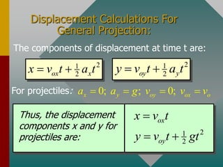 Displacement Calculations For
General Projection:
The components of displacement at time t are:
2
1
2
ox x
x v t a t
 
For projectiles: 0; ; 0;
x y oy ox o
a a g v v v
   
2
1
2
oy y
y v t a t
 
Thus, the displacement
components x and y for
projectiles are:
2
1
2
ox
oy
x v t
y v t gt

 
 