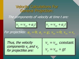 Velocity Calculations For
General Projection:
The components of velocity at time t are:
x ox x
v v a t
 
For projectiles: 0; ; 0;
x y oy ox o
a a g v v v
   
y oy y
v v a t
 
Thus, the velocity
components vx and vy
for projectiles are:
constant
x ox
y oy
v v
v v gt

 
 
