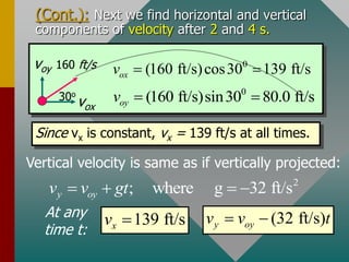 (Cont.): Next we find horizontal and vertical
components of velocity after 2 and 4 s.
Since vx is constant, vx = 139 ft/s at all times.
Vertical velocity is same as if vertically projected:
2
; where g 32 ft/s
y oy
v v gt
   
At any
time t:
(32 ft/s)
y oy
v v t
 
139 ft/s
x
v 
voy 160 ft/s
vox
30o
0
(160 ft/s)cos30 139 ft/s
ox
v  
0
(160 ft/s)sin30 80.0 ft/s
oy
v  
 