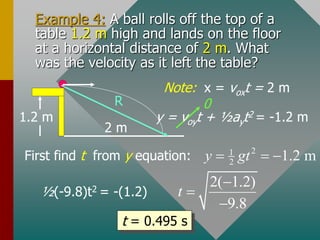 Example 4: A ball rolls off the top of a
table 1.2 m high and lands on the floor
at a horizontal distance of 2 m. What
was the velocity as it left the table?
1.2 m
2 m
First find t from y equation:
0
½(-9.8)t2 = -(1.2)
t = 0.495 s
Note: x = voxt = 2 m
y = voyt + ½ayt2 = -1.2 m
2
1
2 1.2 m
y gt
  
2( 1.2)
9.8
t



R
 