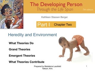 Kathleen Stassen Berger


                      Part I             Chapter Two


Heredity and Environment
What Theories Do

Grand Theories

Emergent Theories

What Theories Contribute
                   Prepared by Madeleine Lacefield     1
                            Tattoon, M.A.
 