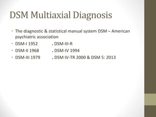 DSM Multiaxial Diagnosis
• The diagnostic & statistical manual system DSM – American
psychiatric association
• DSM-I 1952 . DSM-III-R
• DSM-II 1968 . DSM-IV 1994
• DSM-III 1979 . DSM IV-TR 2000 & DSM 5: 2013
 