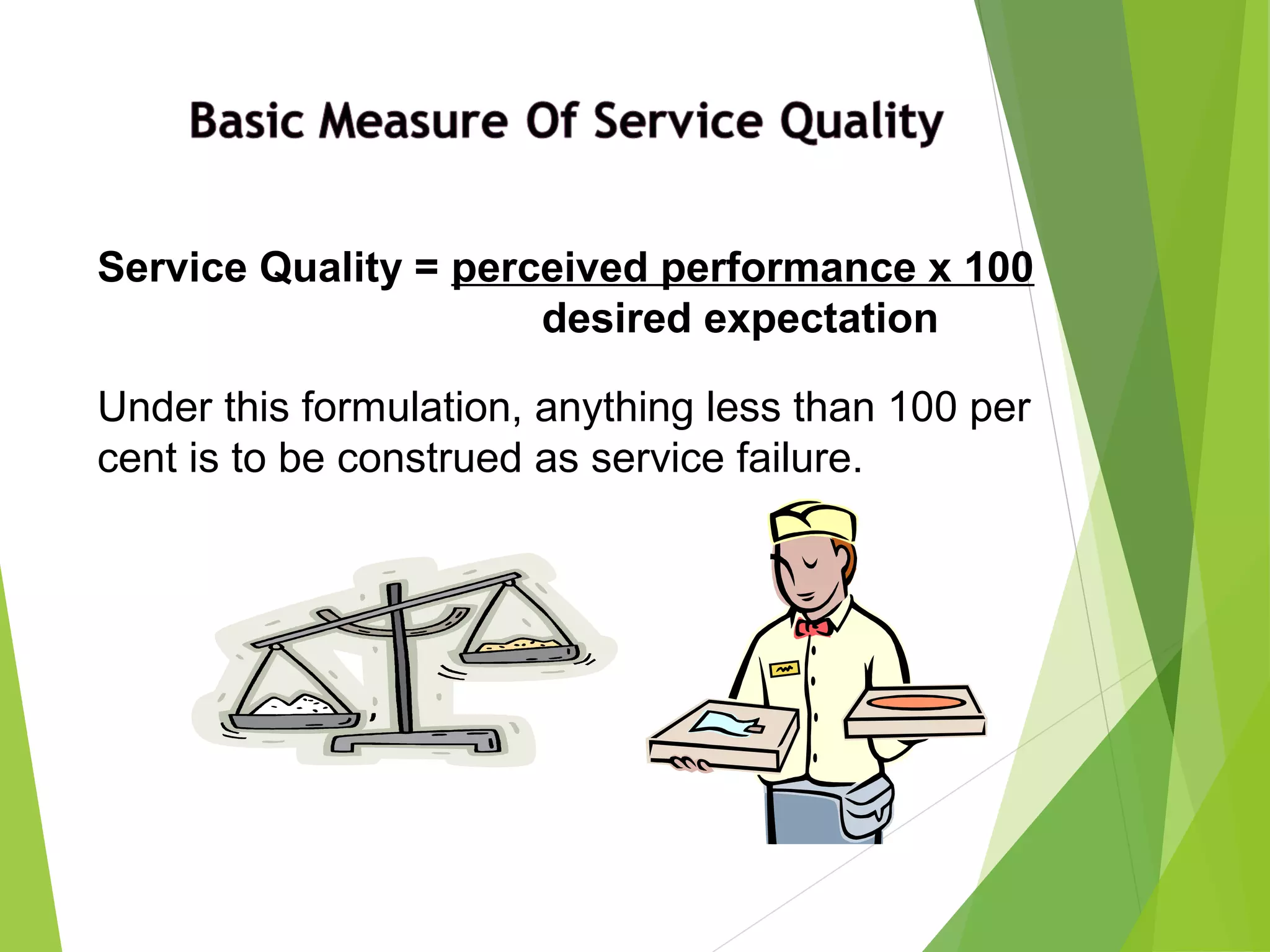 Service Quality = perceived performance x 100
desired expectation
Under this formulation, anything less than 100 per
cent is to be construed as service failure.
 