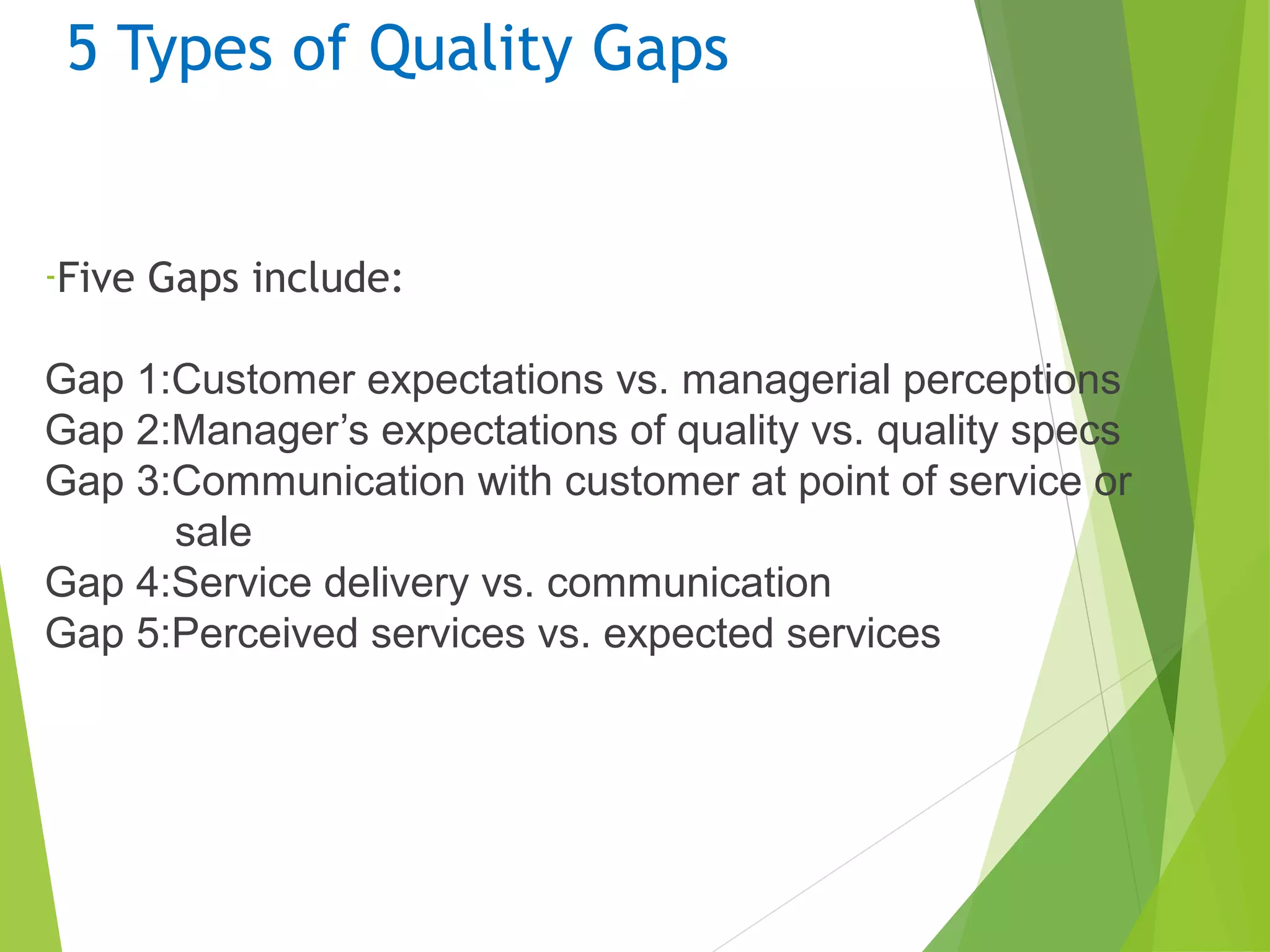 5 Types of Quality Gaps
-Five Gaps include:
Gap 1:Customer expectations vs. managerial perceptions
Gap 2:Manager’s expectations of quality vs. quality specs
Gap 3:Communication with customer at point of service or
sale
Gap 4:Service delivery vs. communication
Gap 5:Perceived services vs. expected services
 