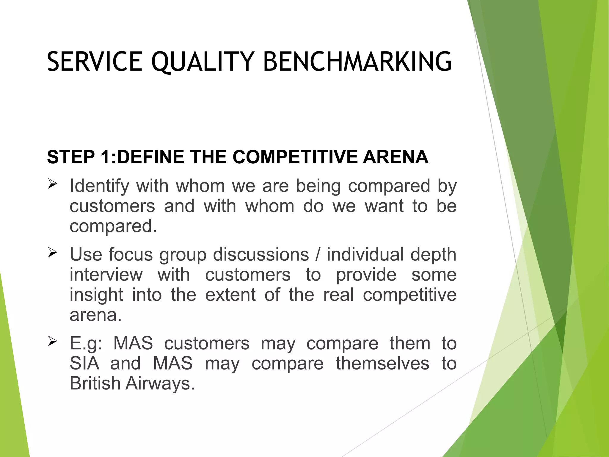 SERVICE QUALITY BENCHMARKING
STEP 1:DEFINE THE COMPETITIVE ARENA
 Identify with whom we are being compared by
customers and with whom do we want to be
compared.
 Use focus group discussions / individual depth
interview with customers to provide some
insight into the extent of the real competitive
arena.
 E.g: MAS customers may compare them to
SIA and MAS may compare themselves to
British Airways.
 