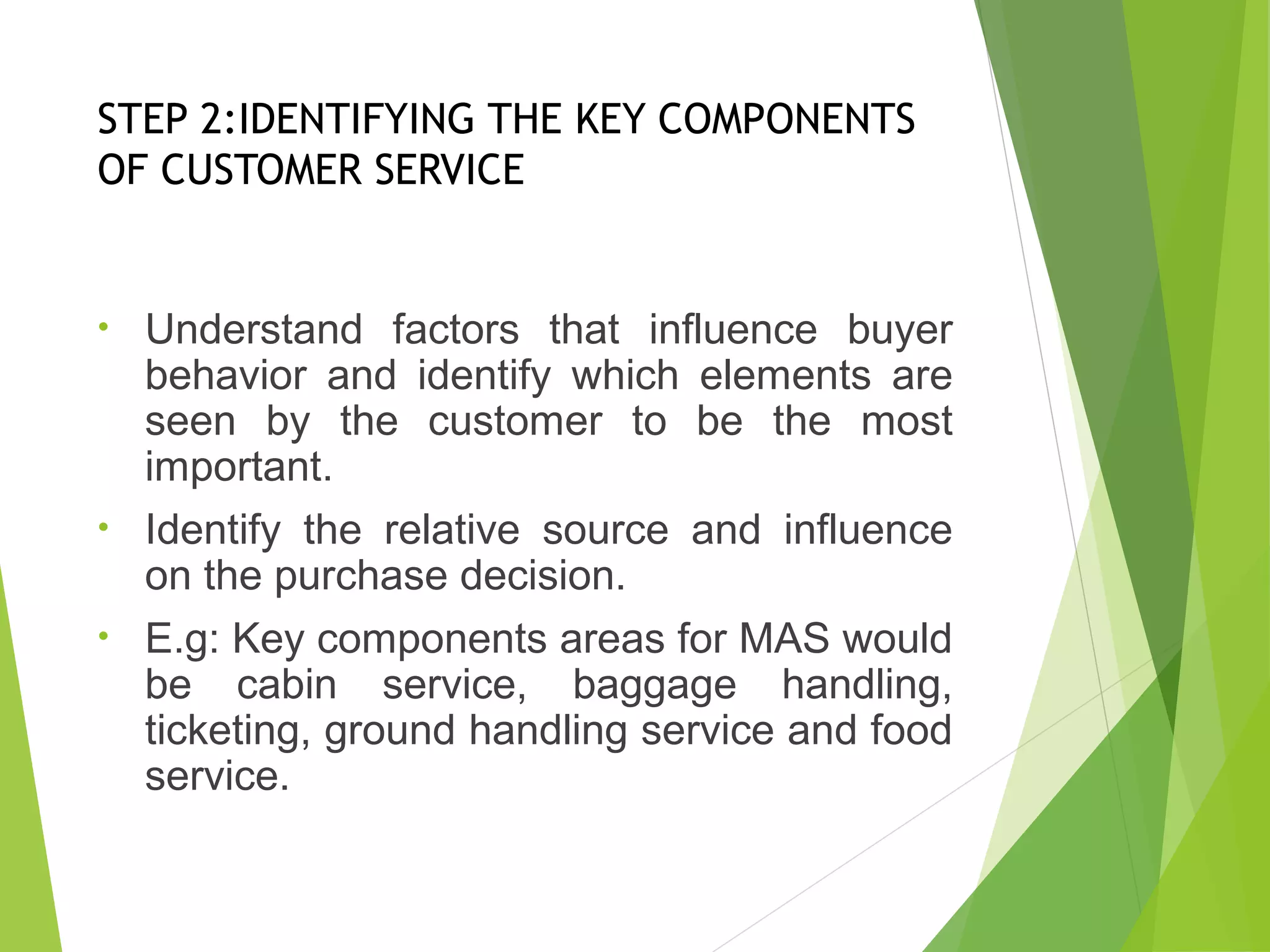 STEP 2:IDENTIFYING THE KEY COMPONENTS
OF CUSTOMER SERVICE
• Understand factors that influence buyer
behavior and identify which elements are
seen by the customer to be the most
important.
• Identify the relative source and influence
on the purchase decision.
• E.g: Key components areas for MAS would
be cabin service, baggage handling,
ticketing, ground handling service and food
service.
 