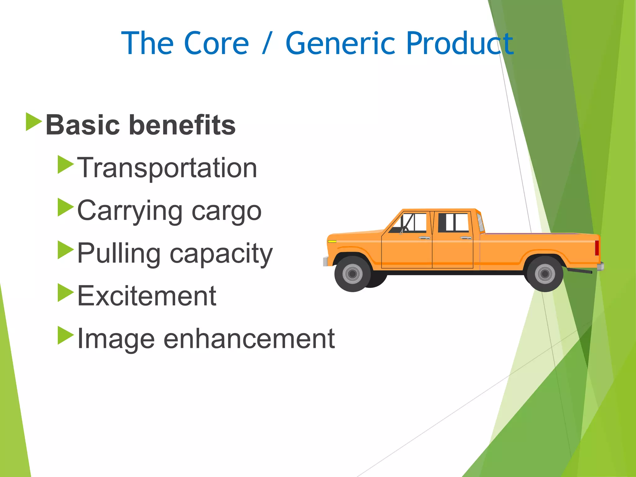 The Core / Generic Product
Basic benefits
Transportation
Carrying cargo
Pulling capacity
Excitement
Image enhancement
 