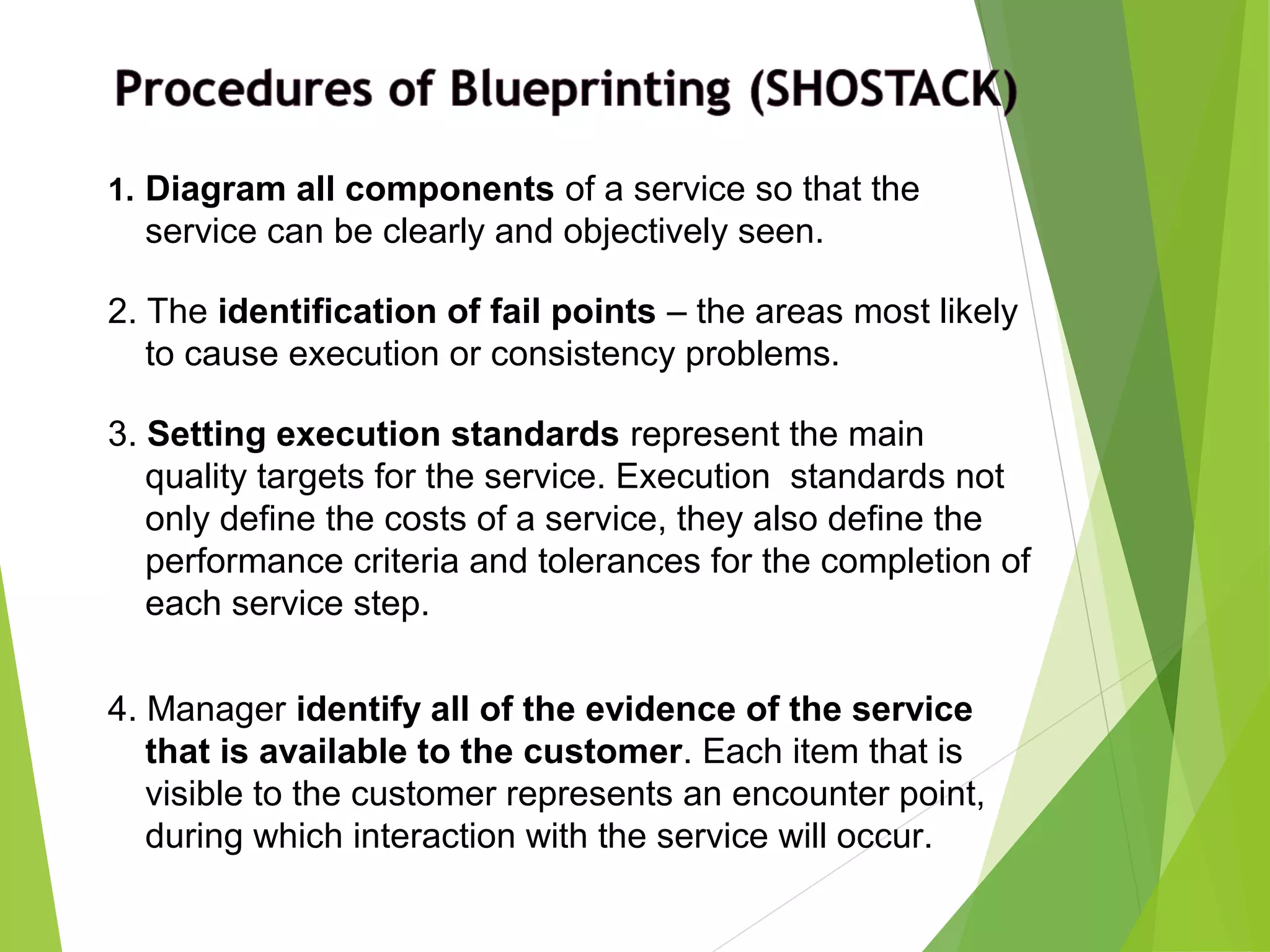 1. Diagram all components of a service so that the
service can be clearly and objectively seen.
2. The identification of fail points – the areas most likely
to cause execution or consistency problems.
3. Setting execution standards represent the main
quality targets for the service. Execution standards not
only define the costs of a service, they also define the
performance criteria and tolerances for the completion of
each service step.
4. Manager identify all of the evidence of the service
that is available to the customer. Each item that is
visible to the customer represents an encounter point,
during which interaction with the service will occur.
 