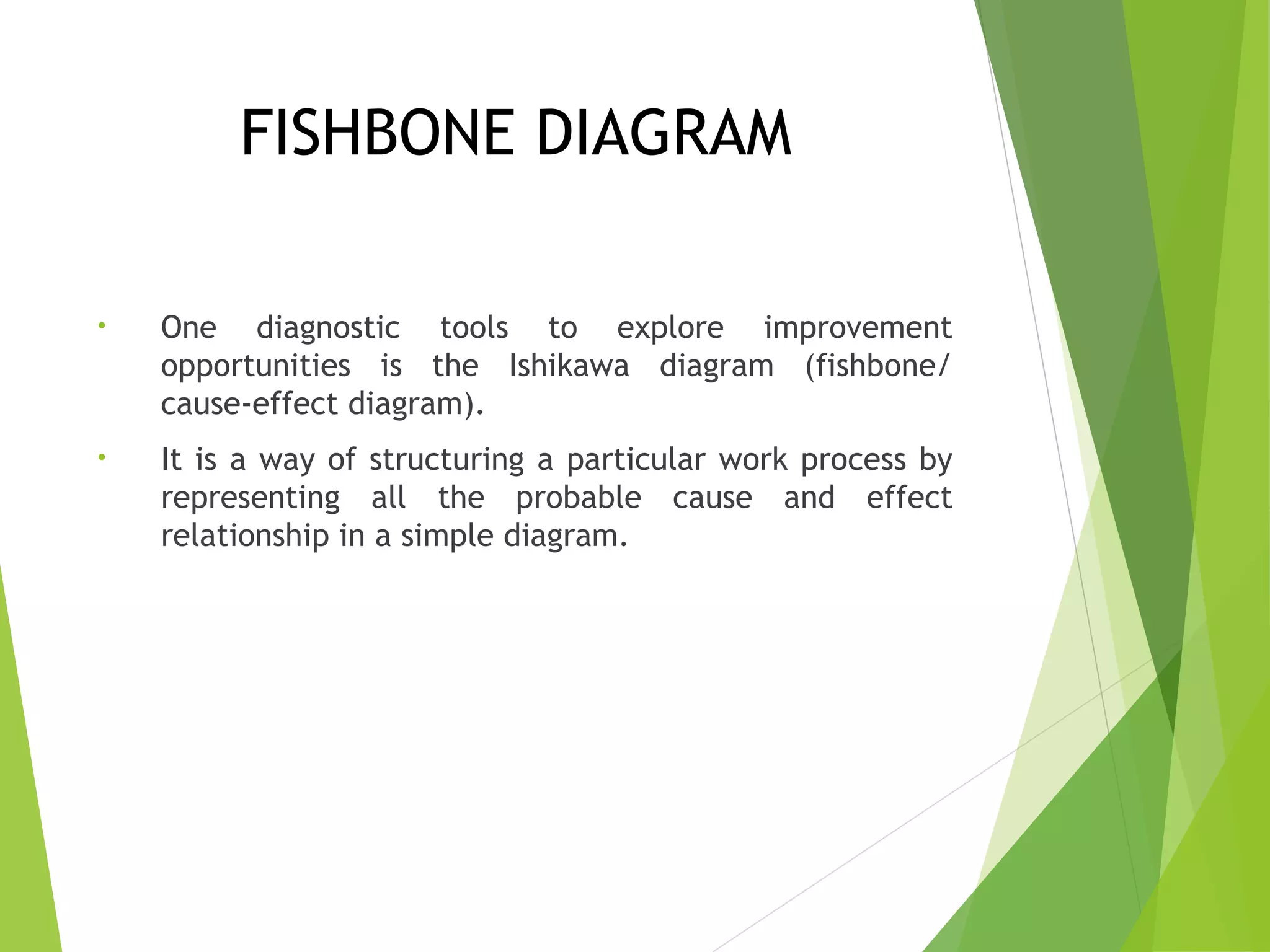 FISHBONE DIAGRAM
• One diagnostic tools to explore improvement
opportunities is the Ishikawa diagram (fishbone/
cause-effect diagram).
• It is a way of structuring a particular work process by
representing all the probable cause and effect
relationship in a simple diagram.
 