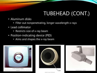 TUBEHEAD (CONT.)
• Aluminum disks
• Filter out nonpenetrating, longer wavelength x-rays
• Lead collimator
• Restricts size of x-ray beam
• Position-indicating device (PID)
• Aims and shapes the x-ray beam
14
 