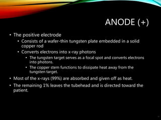 ANODE (+)
• The positive electrode
• Consists of a wafer-thin tungsten plate embedded in a solid
copper rod
• Converts electrons into x-ray photons
• The tungsten target serves as a focal spot and converts electrons
into photons.
• The copper stem functions to dissipate heat away from the
tungsten target.
• Most of the x-rays (99%) are absorbed and given off as heat.
• The remaining 1% leaves the tubehead and is directed toward the
patient.
18
 