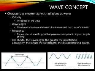WAVE CONCEPT
• Characterizes electromagnetic radiations as waves
• Velocity
• The speed of the wave
• Wavelength
• The distance between the crest of one wave and the crest of the next
• Frequency
• The number of wavelengths that pass a certain point in a given length
of time
• The shorter the wavelength, the greater the penetration.
Conversely, the longer the wavelength, the less penetrating power.
9
 