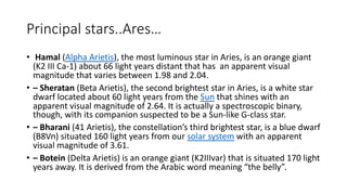 Principal stars..Ares…
• Hamal (Alpha Arietis), the most luminous star in Aries, is an orange giant
(K2 III Ca-1) about 66 light years distant that has an apparent visual
magnitude that varies between 1.98 and 2.04.
• – Sheratan (Beta Arietis), the second brightest star in Aries, is a white star
dwarf located about 60 light years from the Sun that shines with an
apparent visual magnitude of 2.64. It is actually a spectroscopic binary,
though, with its companion suspected to be a Sun-like G-class star.
• – Bharani (41 Arietis), the constellation’s third brightest star, is a blue dwarf
(B8Vn) situated 160 light years from our solar system with an apparent
visual magnitude of 3.61.
• – Botein (Delta Arietis) is an orange giant (K2IIIvar) that is situated 170 light
years away. It is derived from the Arabic word meaning “the belly”.
 