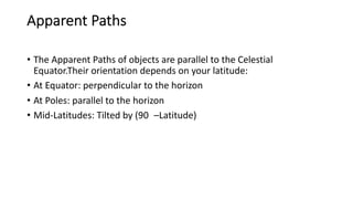 Apparent Paths
• The Apparent Paths of objects are parallel to the Celestial
Equator.Their orientation depends on your latitude:
• At Equator: perpendicular to the horizon
• At Poles: parallel to the horizon
• Mid-Latitudes: Tilted by (90 –Latitude)
 