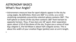 ASTRONOMY BASICS
What’s Your Angle?
• Astronomers measure how far apart objects appear in the sky by
using angles. By definition, there are 360° in a circle, so a circle
stretching completely around the celestial sphere contains 360°. The
half-sphere or dome of the sky then contains 180° from horizon to
opposite horizon. Thus, if two stars are 18° apart, their separation
spans about 1/10 of the dome of the sky. To give you a sense of how
big a degree is, the full Moon is about half a degree across. This is
about the width of your smallest finger (pinkie) seen at arm’s length.
•
 