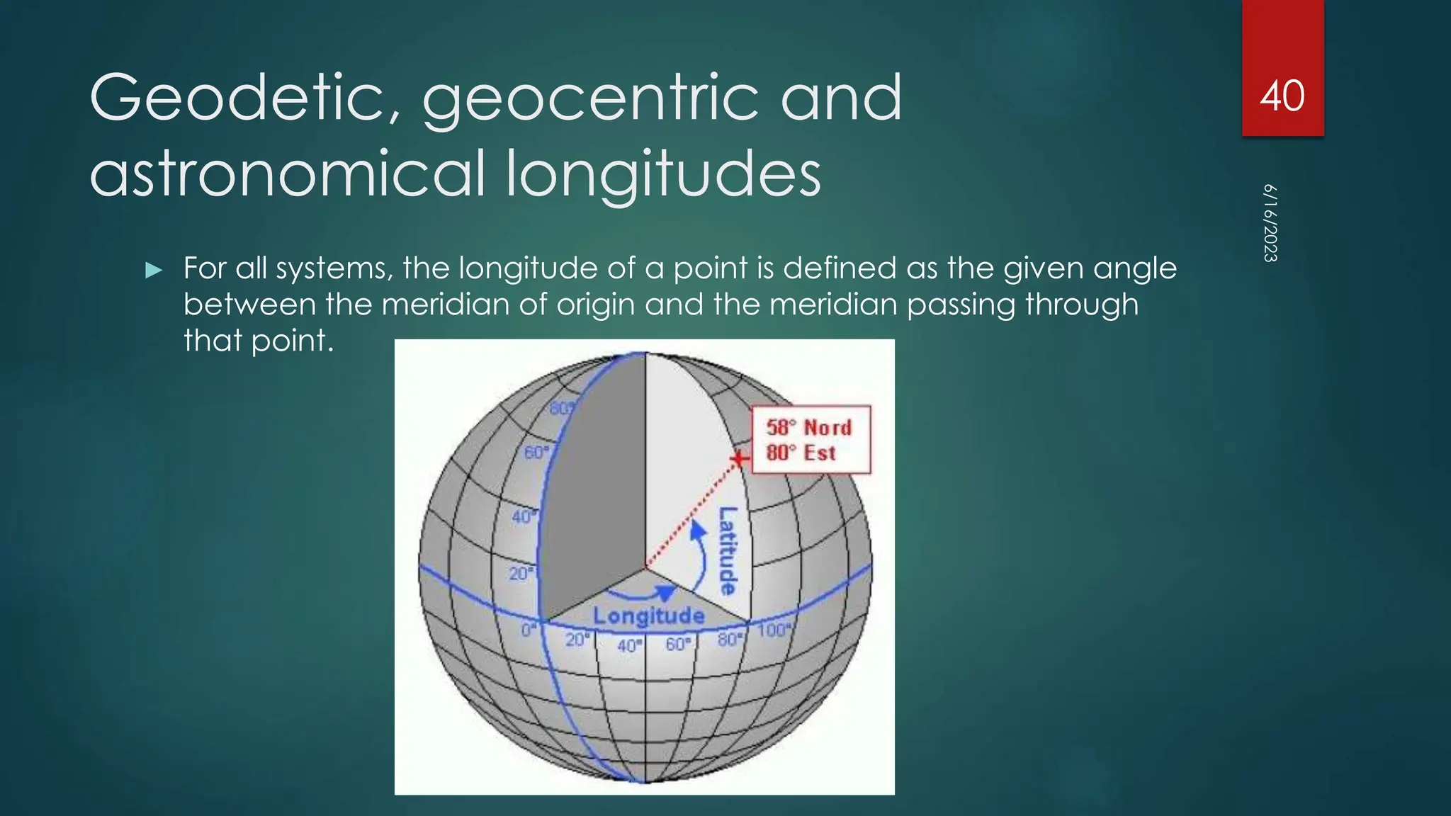 Geodetic, geocentric and
astronomical longitudes
► For all systems, the longitude of a point is defined as the given angle
between the meridian of origin and the meridian passing through
that point.
6/16/2023
40
 