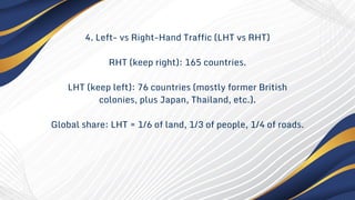 4. Left- vs Right-Hand Traffic (LHT vs RHT)
RHT (keep right): 165 countries.
LHT (keep left): 76 countries (mostly former British
colonies, plus Japan, Thailand, etc.).
Global share: LHT = 1/6 of land, 1/3 of people, 1/4 of roads.
 