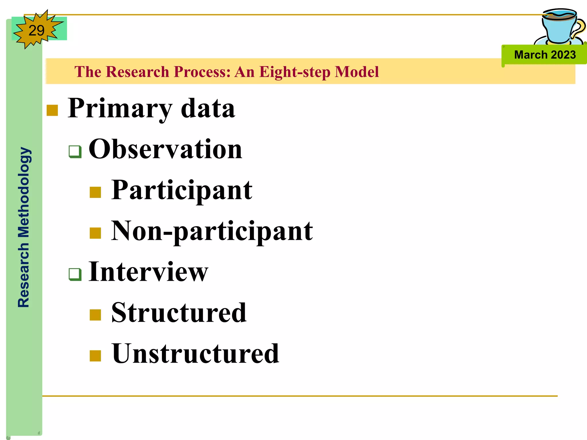 The Research Process: An Eight-step Model
Research
Methodology
March 2023
29
 Primary data
 Observation
 Participant
 Non-participant
 Interview
 Structured
 Unstructured
 