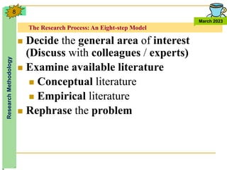 The Research Process: An Eight-step Model
Research
Methodology
March 2023
8
 Decide the general area of interest
(Discuss with colleagues / experts)
 Examine available literature
 Conceptual literature
 Empirical literature
 Rephrase the problem
 