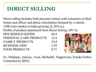 DIRECT SELLING
Direct selling includes both personal contact with consumers in their
homes and offices and phone solicitat...