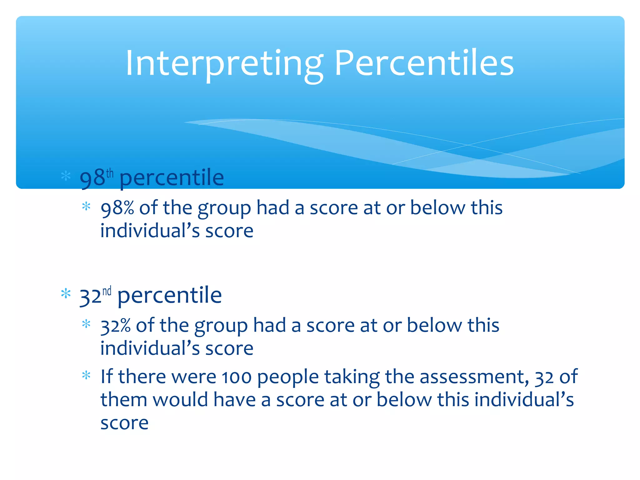 ∗ 98th
percentile
∗ 98% of the group had a score at or below this
individual’s score
∗ 32nd
percentile
∗ 32% of the group had a score at or below this
individual’s score
∗ If there were 100 people taking the assessment, 32 of
them would have a score at or below this individual’s
score
Interpreting Percentiles
 