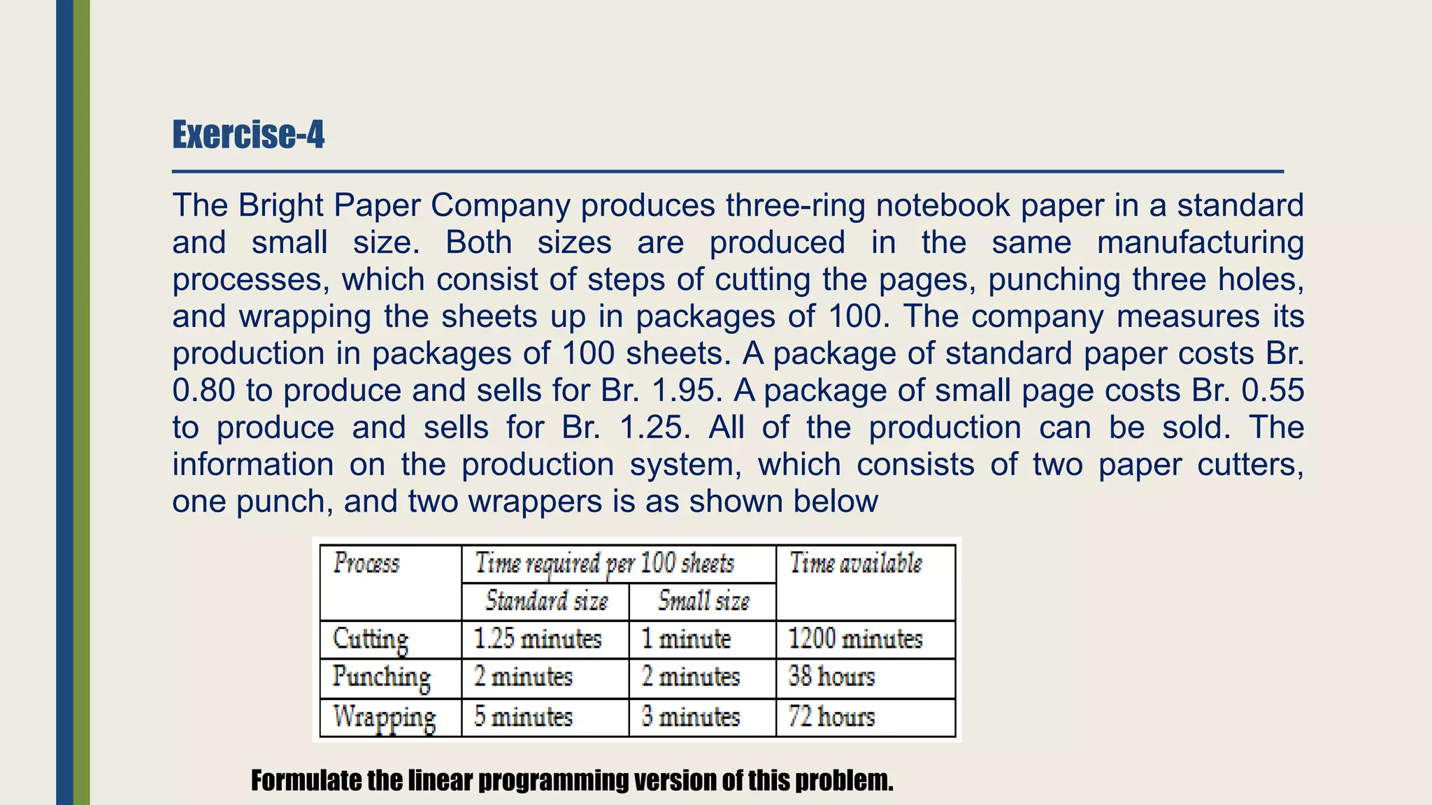 Exercise-4
The Bright Paper Company produces three-ring notebook paper in a standard
and small size. Both sizes are produced in the same manufacturing
processes, which consist of steps of cutting the pages, punching three holes,
and wrapping the sheets up in packages of 100. The company measures its
production in packages of 100 sheets. A package of standard paper costs Br.
0.80 to produce and sells for Br. 1.95. A package of small page costs Br. 0.55
to produce and sells for Br. 1.25. All of the production can be sold. The
information on the production system, which consists of two paper cutters,
one punch, and two wrappers is as shown below
Formulate the linear programming version of this problem.
 