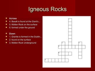 Igneous RocksIgneous Rocks
 AcrossAcross
 4. Basalt is found at the Giant's...4. Basalt is found at the Giant's...
 5. Molten Rock on the surface5. Molten Rock on the surface
 6. formed under the ground6. formed under the ground
 DownDown
 1. Granite is formed in the Dublin...1. Granite is formed in the Dublin...
 2. found on the surface2. found on the surface
 3. Molten Rock Underground3. Molten Rock Underground
 