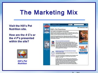 The Marketing Mix

Visit the Hill’s Pet
Nutrition site.

How are the 4 C’s or
the 4 P’s presented
within the site?




       Hill’s Pet
       Nutrition
 